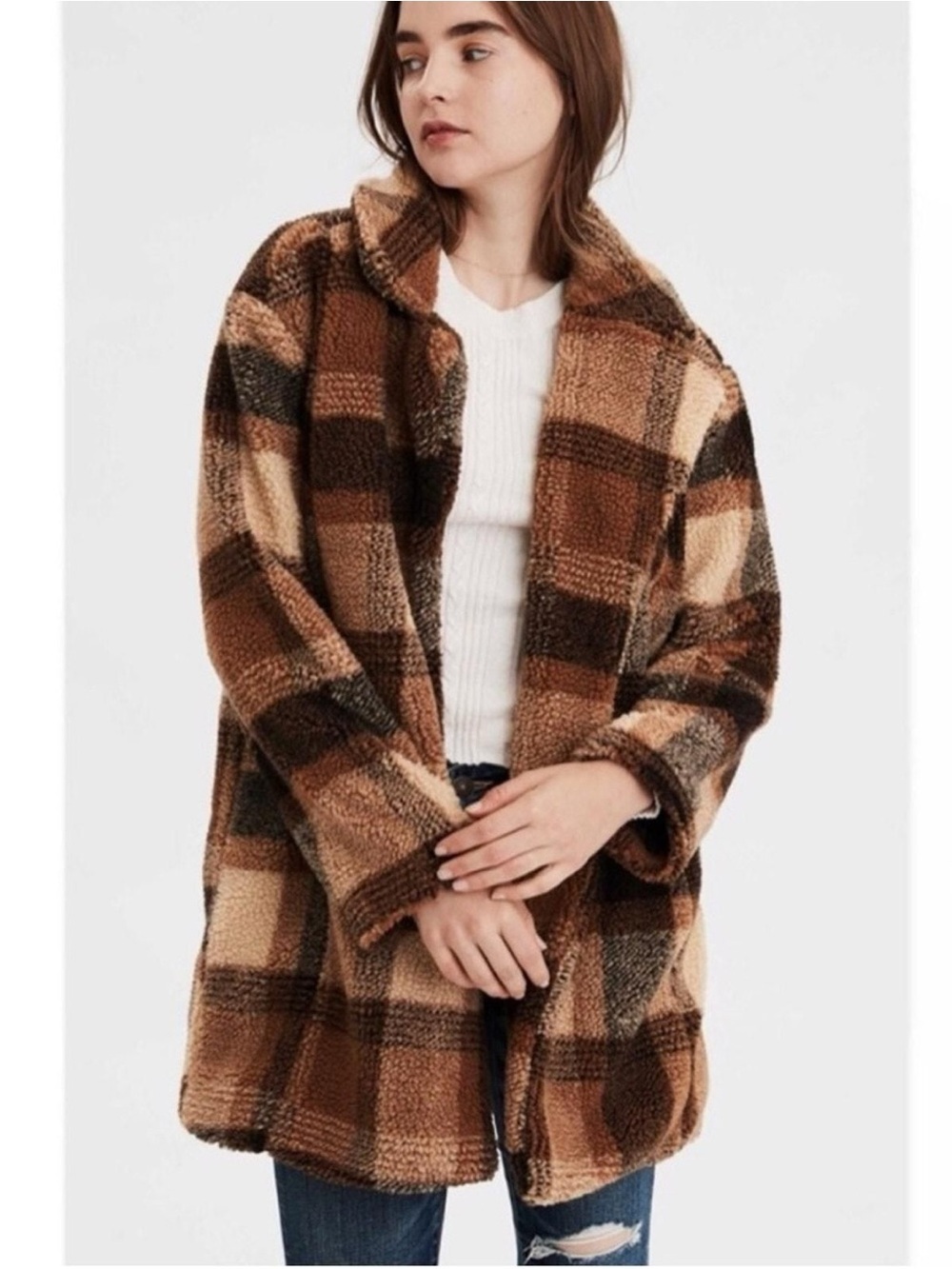 American Eagle / Oversized Faux Sherpa Plaid Coat Brown